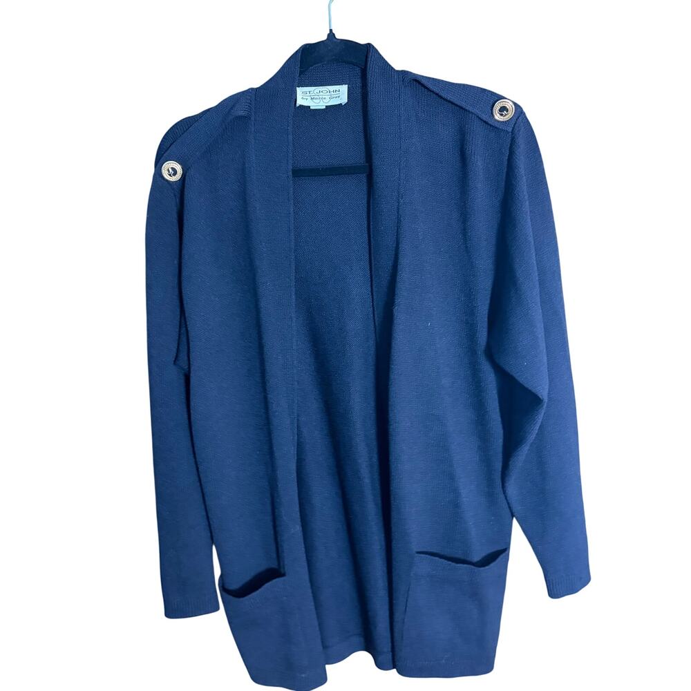 Vintage St. John by Marie Gray Knit Long Cardigan Sweater Gold Logo Button S USA